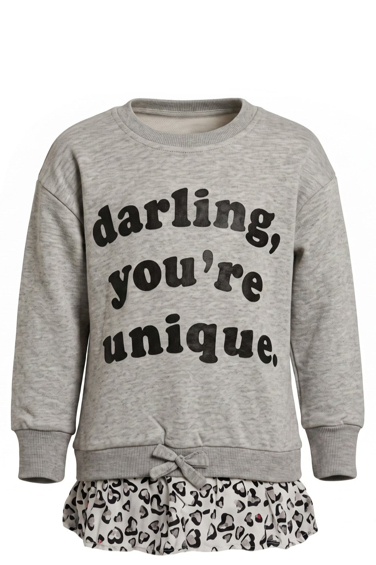 Tunique Fille Gris Chiné – "Darling, You're Unique" – Nœud & Volante Léopard Cœurs – Effet 2-en-1 – 4 à 12 ans – Neuf