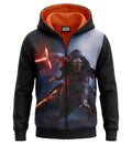 Sweat Zippé à Capuche Garçon – Imprimé Photo-Réaliste Kylo Ren Sabre Laser – Star Wars – Noir & Bleu-Gris, Doublure Orange – 4 à 10 ans – Neuf