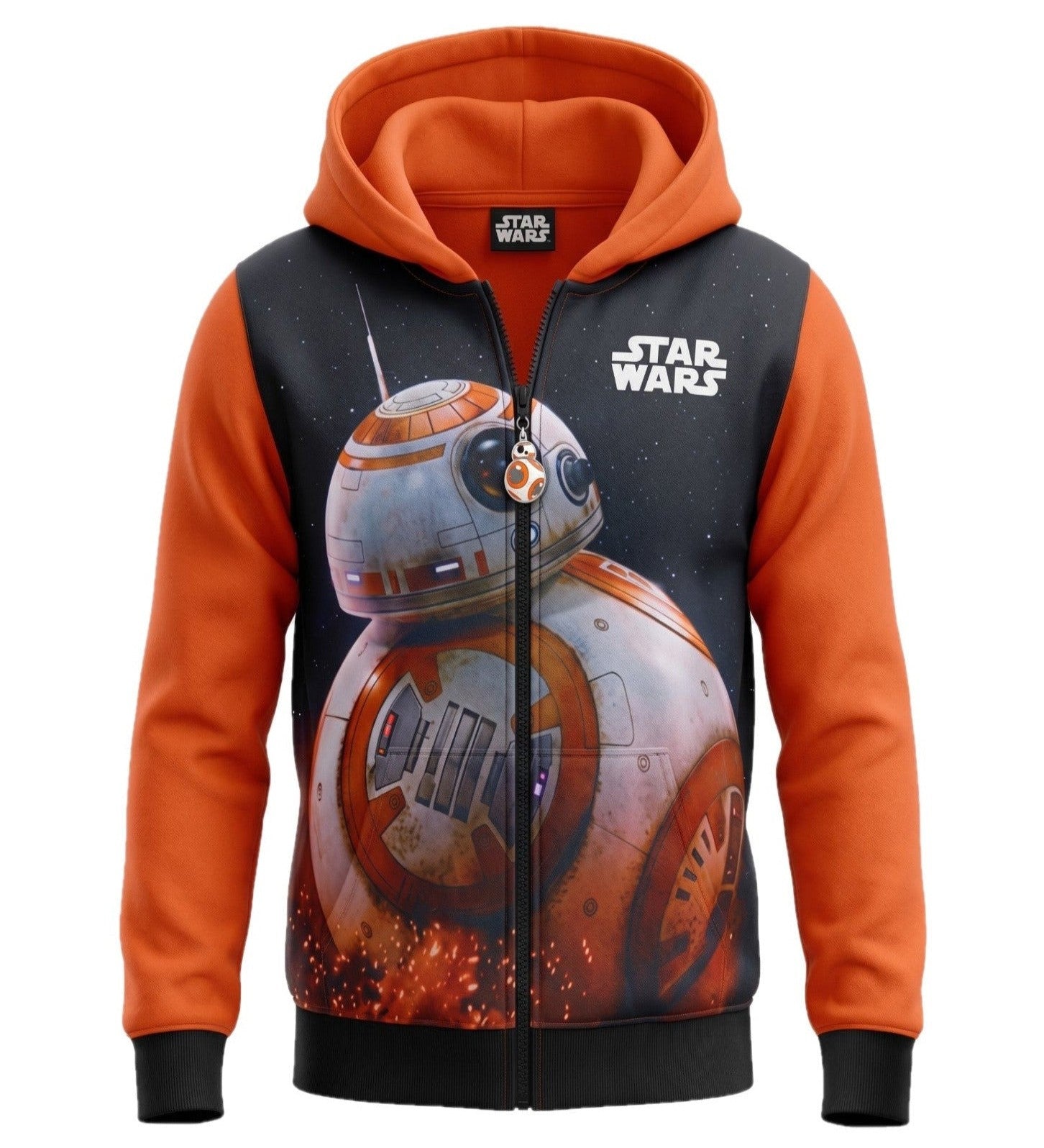 Sweat Zippé à Capuche Garçon – Imprimé Photo-Réaliste BB-8 Star Wars – Buste Noir & Dos/Manches/Capuche Orange, Tirette BB-8 – 4 à 10 ans – Neuf