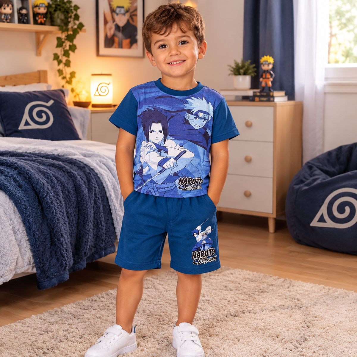 Ensemble garçon Naruto et Sasuke porté, t-shirt imprimé et short bleu à motif Sasuke et logo