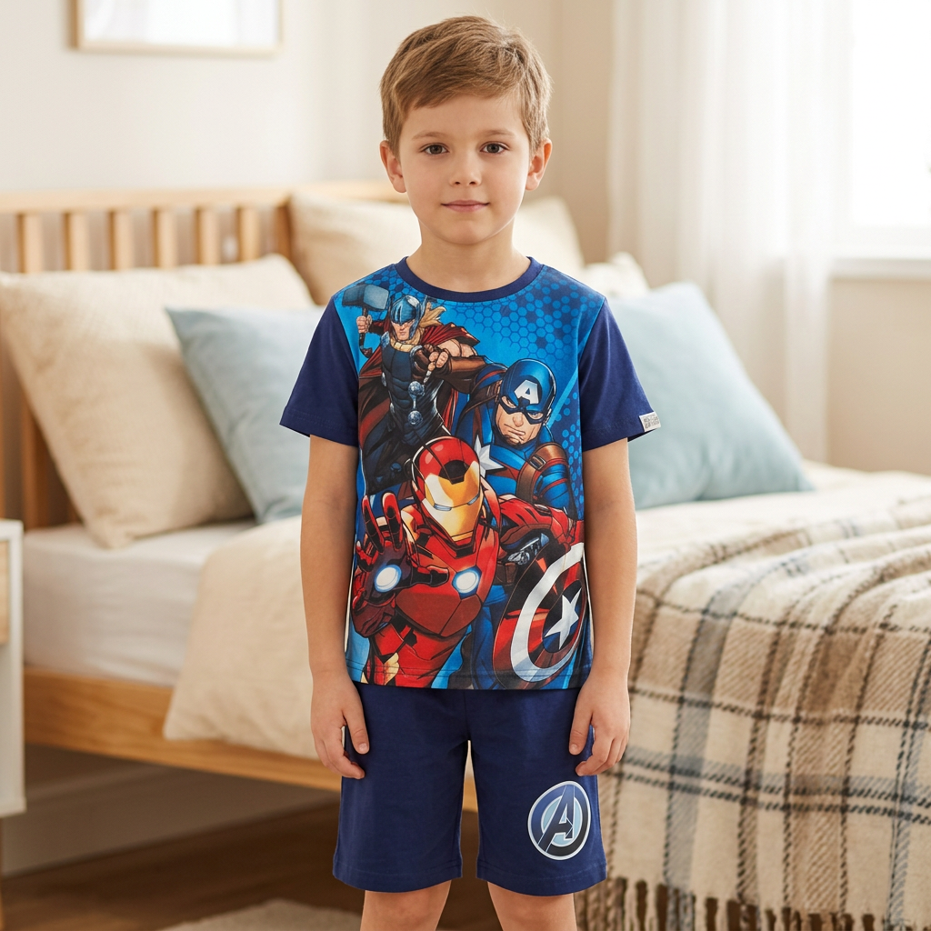 Ensemble garçon Avengers porté, t-shirt trois héros et short bleu marine à logo