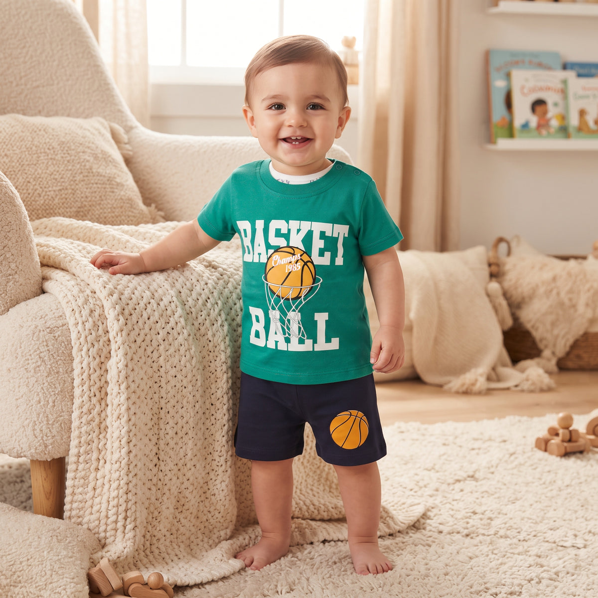 Ensemble bébé garçon basket porté, t-shirt vert à panier et short bleu marine à ballon