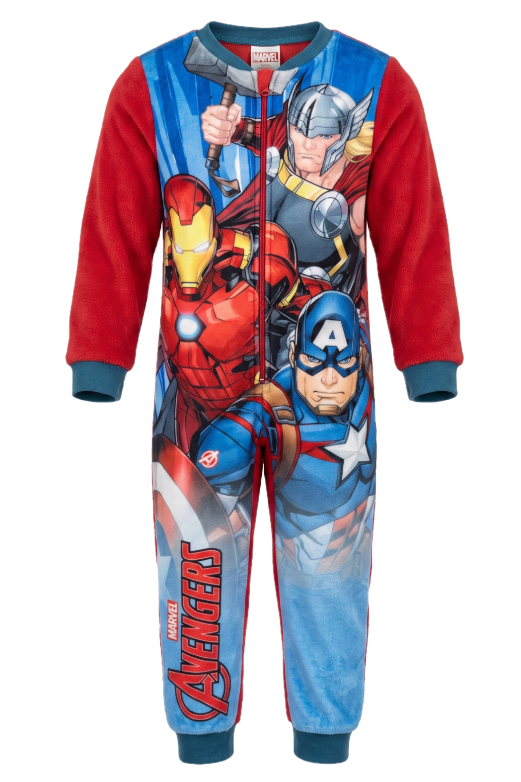 Combinaison Pyjama Polaire Garçon – Imprimé All-Over Iron Man + Thor + Captain America – Marvel Avengers – Rouge & Bleu Pétrole – 3 à 8 ans – Neuf