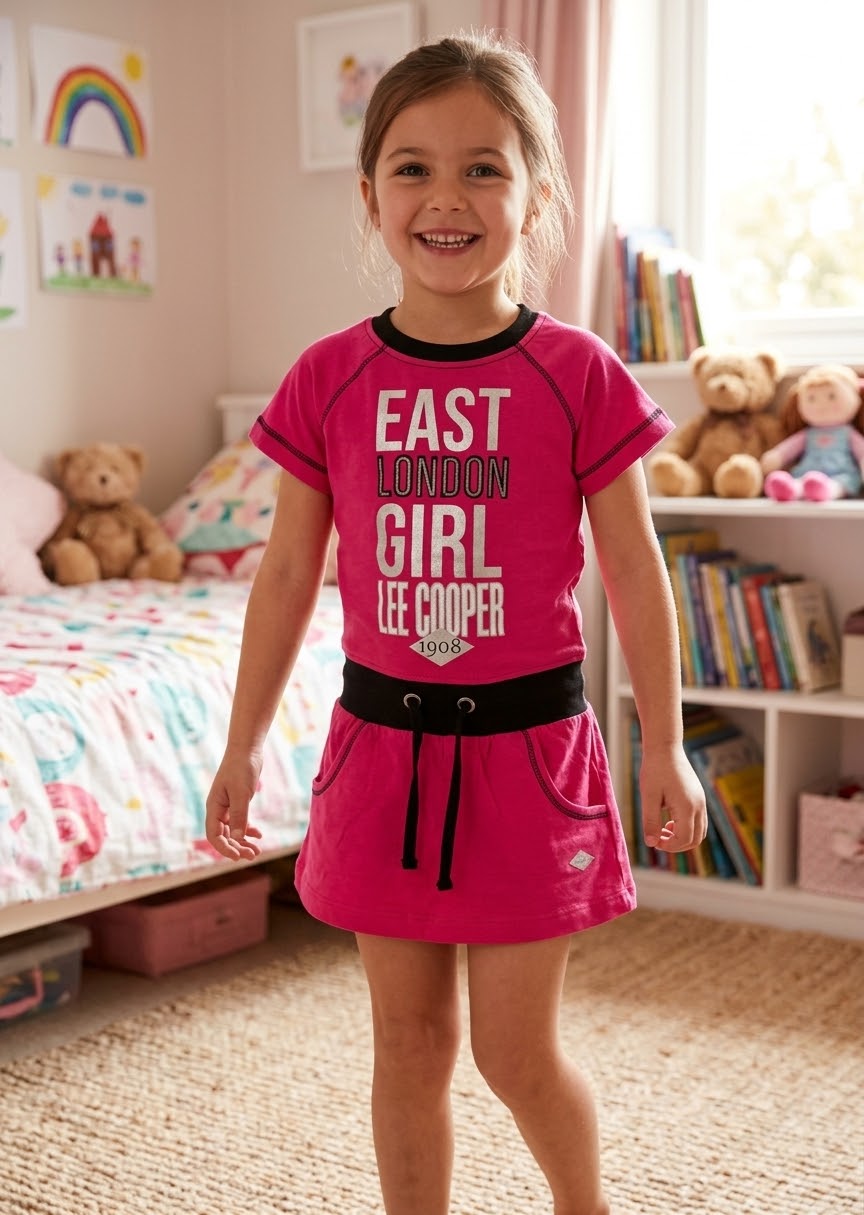 Robe Fille Lee Cooper Rose Fuchsia East London Girl Ceinture Noire Poches 4-10 ans Neuf