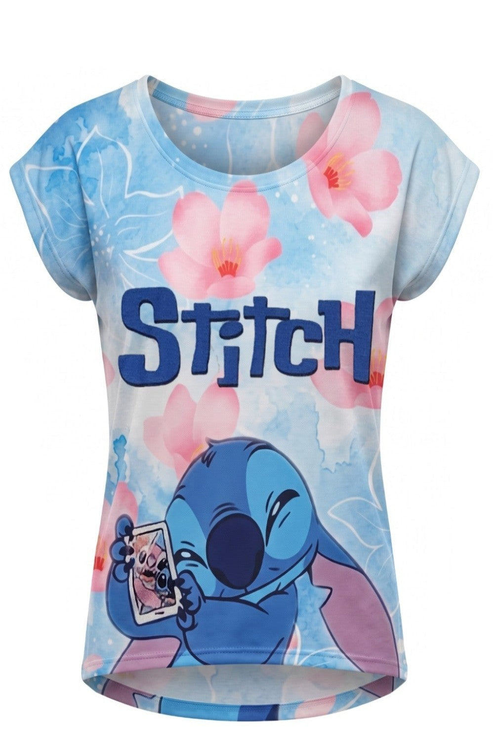 T-shirt Enfant Stitch Bleu Clair & Fleurs – Impression Sublimée Full Print – Manches Courtes – 2 à 12 ans – Neuf